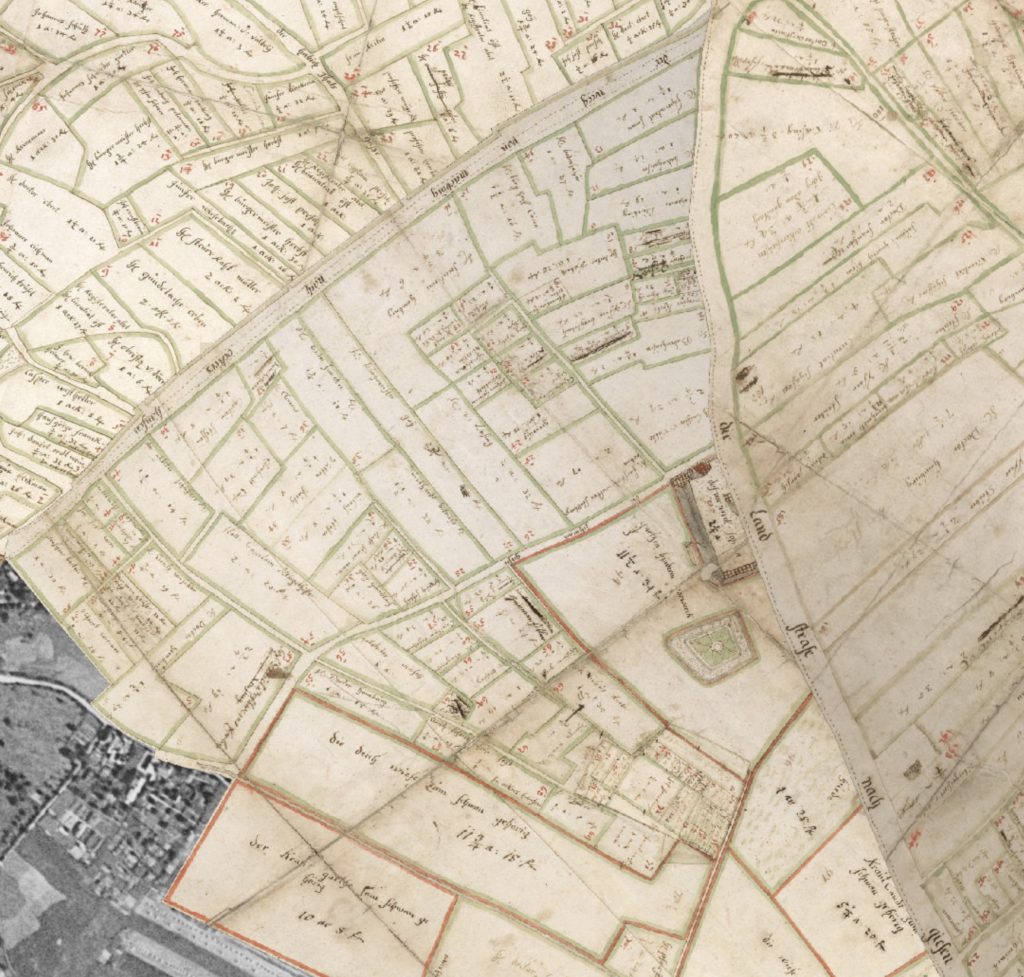 Historische Flurkarte Marburg, 1720-1750, Ausschnitt Rotenberg Quelle: https://www.lagis-hessen.de/maps/urkataster-plus © Urkatasterkarten Hessischer Städte by Hessisches Institut für Landesgeschichte is marked with CC0
