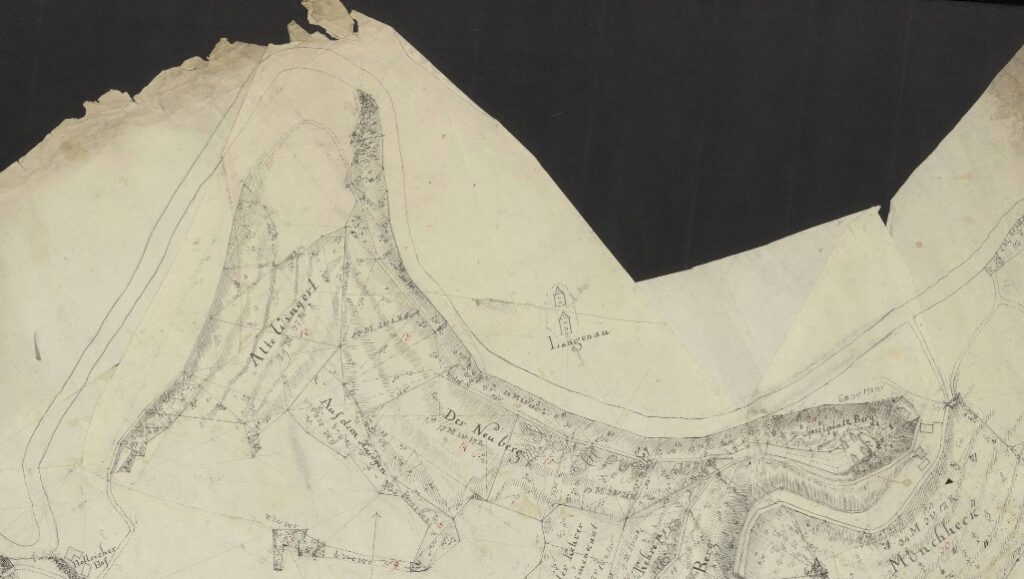 Ausschnitt der Karte der Wälder der ehemaligen Abtei Arnstein südlich der Lahn von Obernhof bis Hollerich, 1804 Quelle: Arcinsys/HHStAW, Bestand 3011/1, Nr.1702 V © 2025 Hessisches Hauptstaatsarchiv Wiesbaden. Alle Rechte vorbehalten.