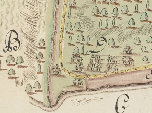 Plan des zum Hospital Gronau gehörigen Hofes 'Zum Haus' an der Lahn nordwestlich von Bremberg - Ausschnitt Quelle: HHStAW, 3011/1, 691 H © 2025 Hessisches Hauptstaatsarchiv Wiesbaden