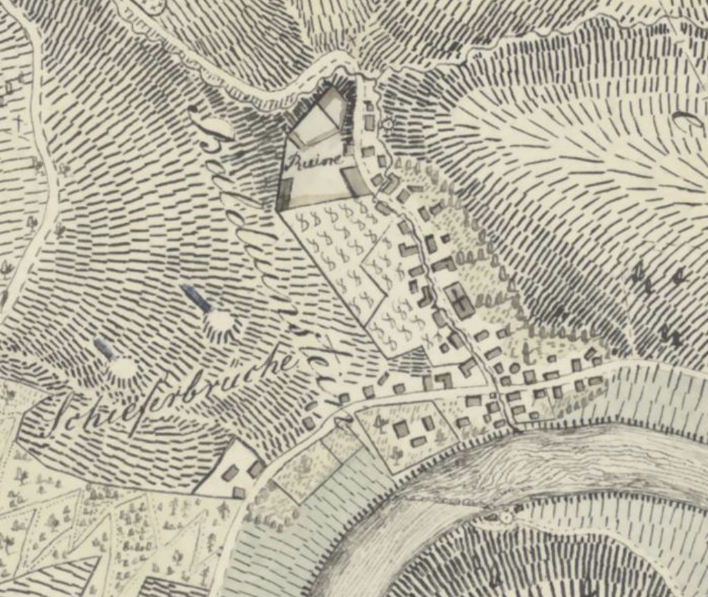 Situationskarte über die Gemarkungen Balduinstein, Birlenbach, Diez, Fachingen und Freiendiez mit einem Grubenprofil der dortigen Bergwerke bzw. Stollen - Ausschnitt Balduinstein Burgberg. Quelle: HHStAW, 3011/1, 2152 H © 2025 Hessisches Hauptstaatsarchiv
