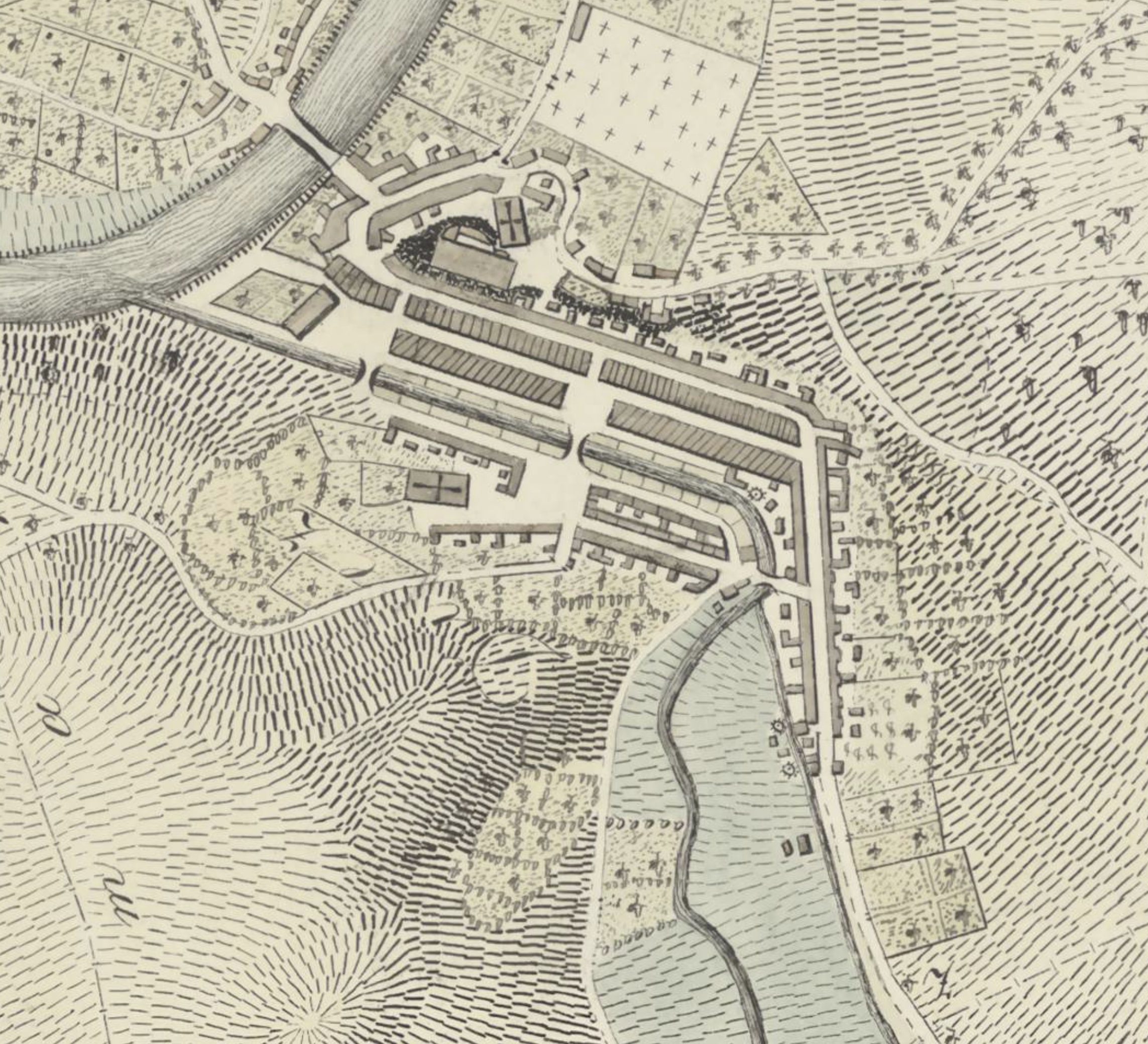 Ausschnitt - Situationskarte über die Gemarkungen Balduinstein, Birlenbach, Diez, Fachingen und Freiendiez mit einem Grubenprofil der dortigen Bergwerke bzw. Stollen 1838 Quelle: HHStAW, 3011/1, 2152 H