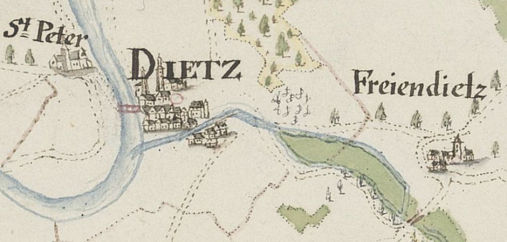 Karte der Grafschaft Nassau-Diez - Ausschnitt Diez Quelle: Geometrische Carte von der Grafschaft Diez, HHStAW, 3011/1, 327 H, 18. Jhdt © 2025 Hessisches Hauptstaatsarchiv Wiesbaden. Alle Rechte vorbehalten.