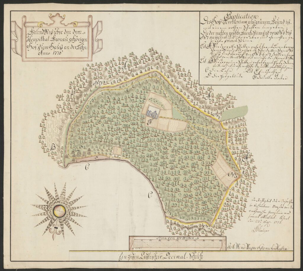 Plan des zum Hospital Gronau gehörigen Hofes 'Zum Haus' an der Lahn nordwestlich von Bremberg Quelle: HHStAW, 3011/1, 691 H © 2025 Hessisches Hauptstaatsarchiv Wiesbaden 